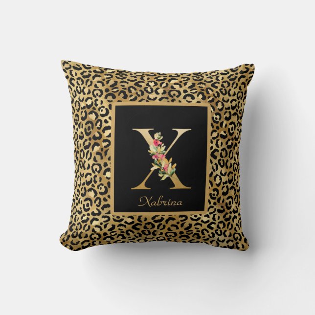 Almofada Monograma X Inicial Personalizado com Leopardo Mod (Frente)