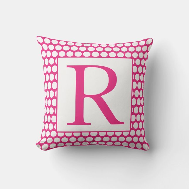 Almofada Monogramas Bolinhas brancas cor-de-rosa Brilhante  (Frente)