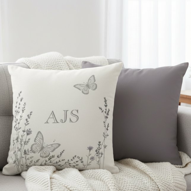 Almofada Monogrammed Pillow – Elegant Botanical Butterflies (Minimalist wildflower monogram pillow)