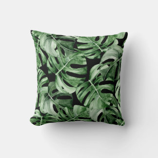 Almofada Monstera Escura: Impressão Tropical Watercolor.