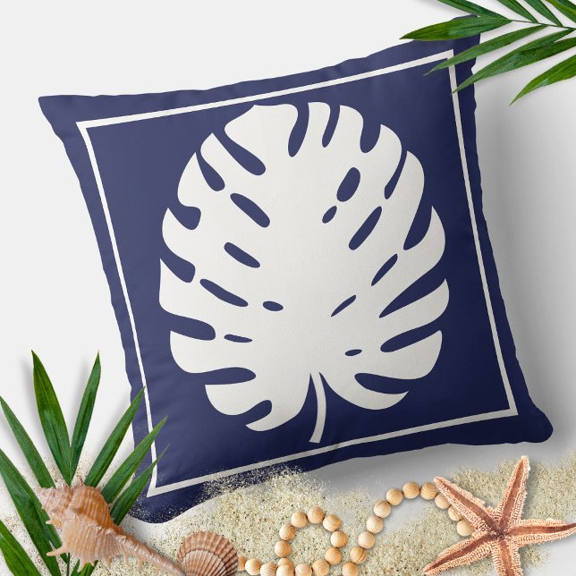 Almofada Monstera Leaf Marinho Azul e Branco Costeiro Moder (Criador carregado)