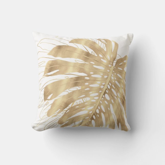 Almofada Monstera Leaf White Design Dourado Tropical (Frente)