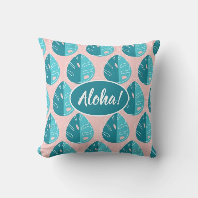 Almofada Monstera Leaves - Blue and Pink (Frente)