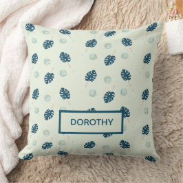 Almofada Monstera tropical deixa monograma em azul