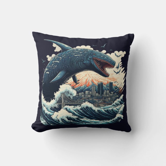 Almofada Monstro Sushi Tubarão Atacando A Cidade (Frente)