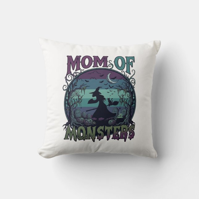 Almofada Monstros Mãe Halloween Bruxa Lua Abóboras Cemitéri (Frente)