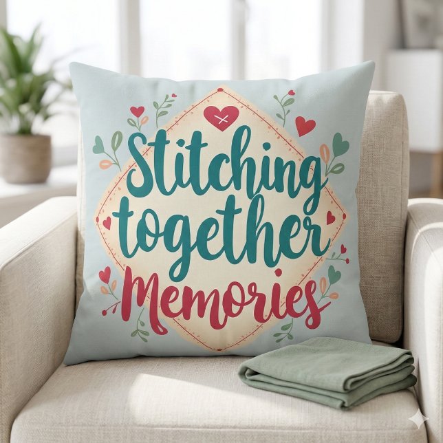 Almofada Montagem Memórias Arte de Bordados (Stitching Together Memories Embroidery Art Throw Pillow Mockup A)
