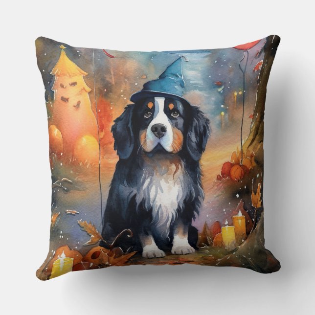 Almofada Montanha do Halloween Bernese com Pumpkins assusta (Verso)
