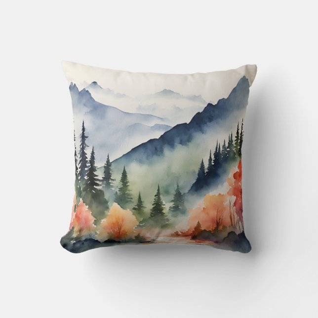 Almofada Montanhas de Aquarela Árvores Caem na Natureza do  (Frente)