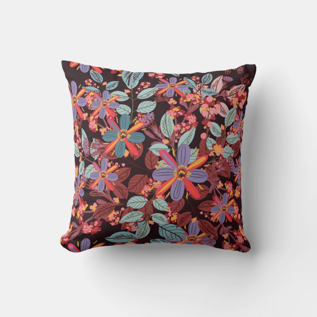 Almofada Moody Midnight Floral Folk Art Pattern Pillow (Frente)