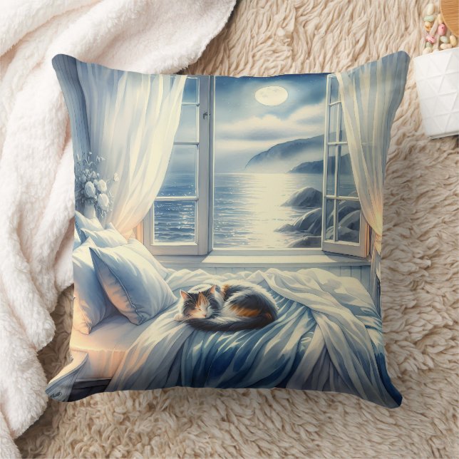 Almofada Moonlit Coastal Bedroom with Sleeping Cat (Cobertor)