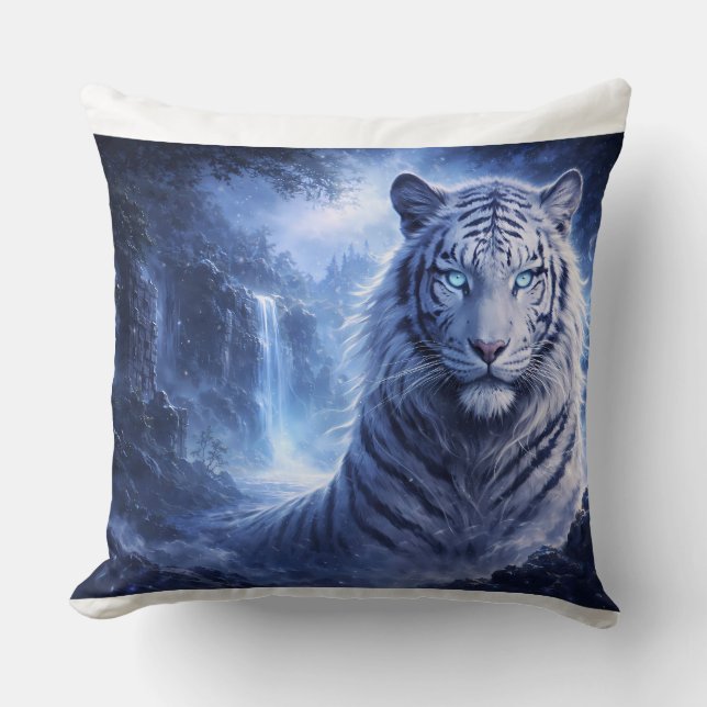 Almofada Moonlit White Tiger Guardian – Blue Fantasy Spirit (Frente)