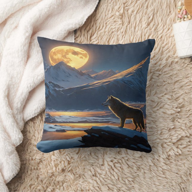 Almofada Moonlit Wolf Howls em Snowy Mountain Ridge (Cobertor)