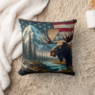 Almofada Moose Perto do Rio com Montanhas e Bandeira
