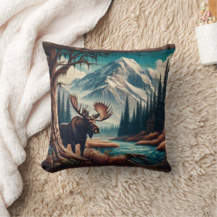 Almofada Moose por Mountain Stream na Paisagem do outono
