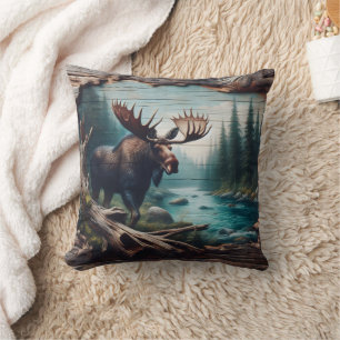 Almofada Moose por rio na Arte Paisagística Florestal