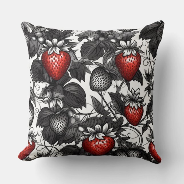 Almofada Morangos Pretos, Brancos e Vermelhos por toda part (Frente)