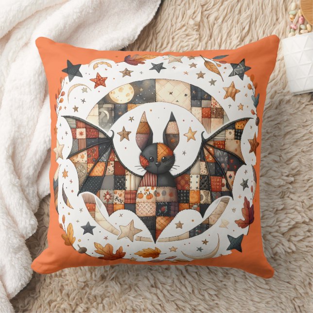 Almofada Morcego de Halloween em Cores de Outono em Patchwo (Cobertor)