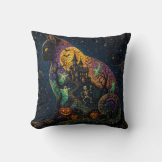 Almofada Mosaico de Halloween Castelo Assombrado Gato Preto