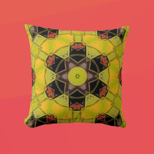 Almofada Mosaico Mandala Flor Amarelo Verde Vermelho e Pret