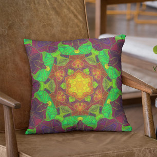 Almofada Mosaico Mandala Flor Verde Amarelo e Roxo