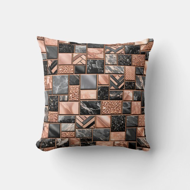 Almofada Mosaico Mármore Preto Dourado Rosa (Frente)