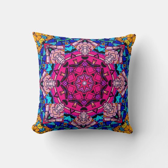 Almofada Mosaico Rosa Mandala Floral Psicélico Retro (Frente)