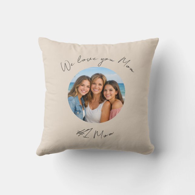 Almofada Mother's Day Mom Photo Text Throw Pillow Beige (Verso)
