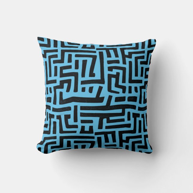 Almofada Motif Azul E Preto | Padrão Geométrico Maze (Frente)