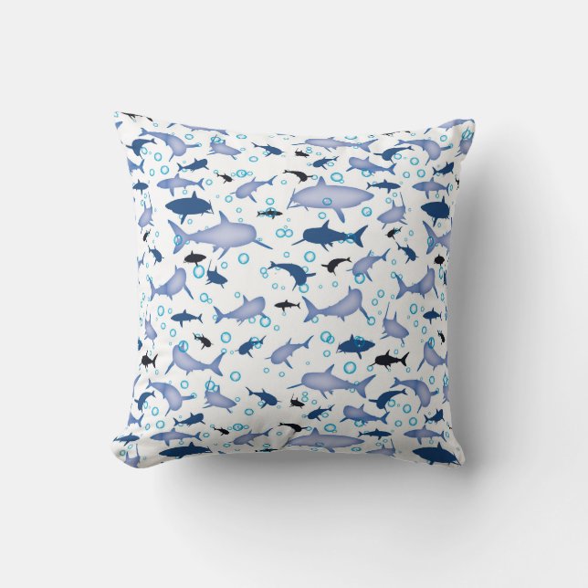 Almofada Motif Repetitivo Branco E Azul | Padrão do tubarão (Frente)