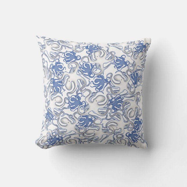 Almofada Motif Repetitivo Branco E Azul | Padrão Octopus (Frente)