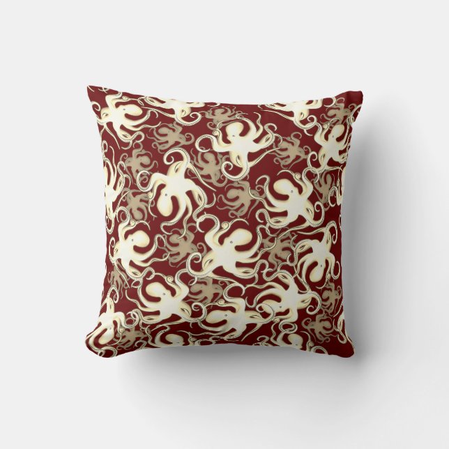 Almofada Motif Repetitivo Dourado E Vermelho | Padrão Octop (Frente)