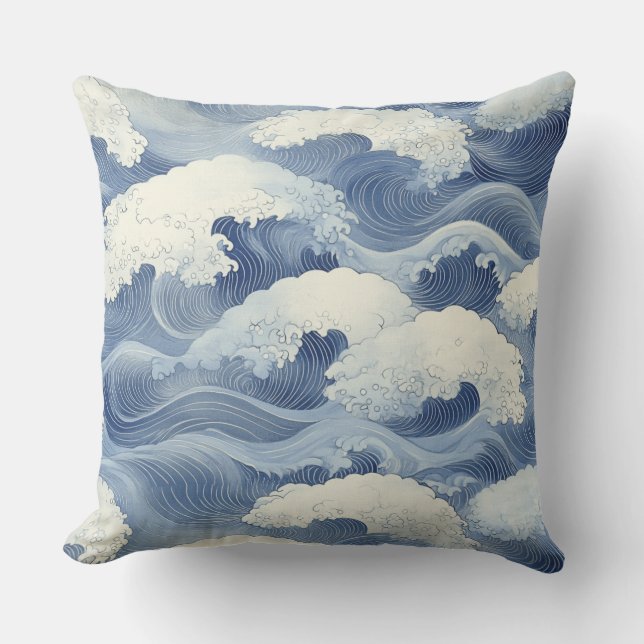 Almofada 🌊 Motif Traditionnel Japonais de Vagues Bleues 🌊 (Frente)