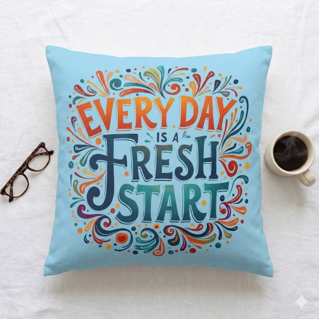Almofada Motivação Colorida "Todo dia é um novo começo" (Colorful Every Day is a Fresh Start Motivational Throw Pillow Mockup A)
