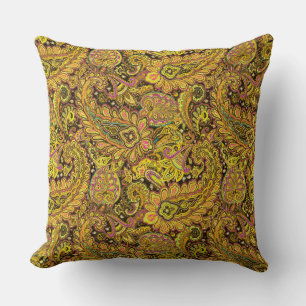Almofada Motivo Paisley em Amarelo, Marrom sobre Fundo Pret