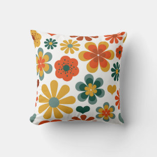 Almofada Motivos florais e cardíacos coloridos dos anos 70