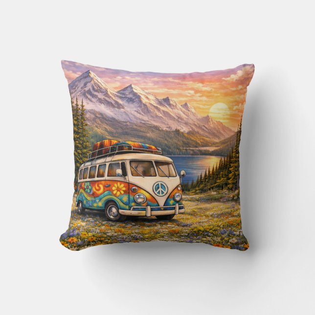 Almofada Mountain Sunset Wildflowers Retro Hippie Van Life (Frente)