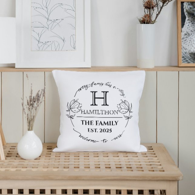 Almofada Mudança para Nova Casa Monograma Floral Família (every family has a story welcome to our family custom house gifts ideas for new home housewarming )