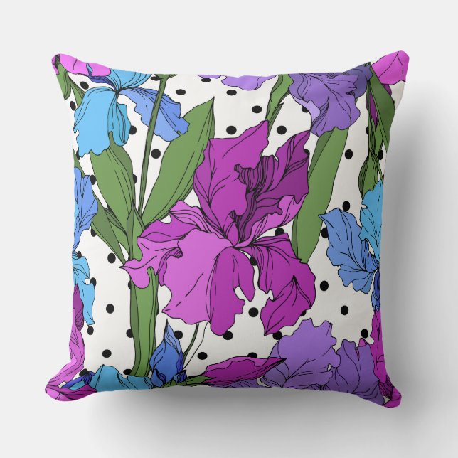 Almofada Muito fofo e alegre púrpura floral, verde, pontos (Frente)
