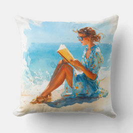 ALMOFADA MULHER AQUARELA LENDO NA PRAIA