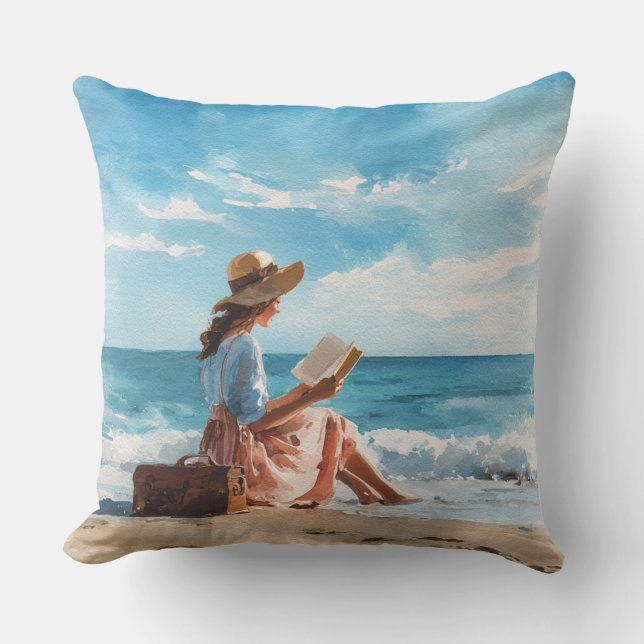 ALMOFADA MULHER AQUARELA LENDO NA PRAIA (Frente)