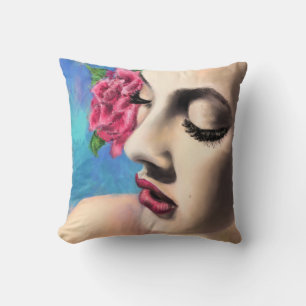 Almofada Mulher Bela com Rosa vermelha - Pintura Original