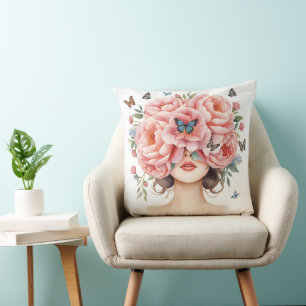 Almofada Mulher Bonita com Rosas Pink Gigantes e Borboleta