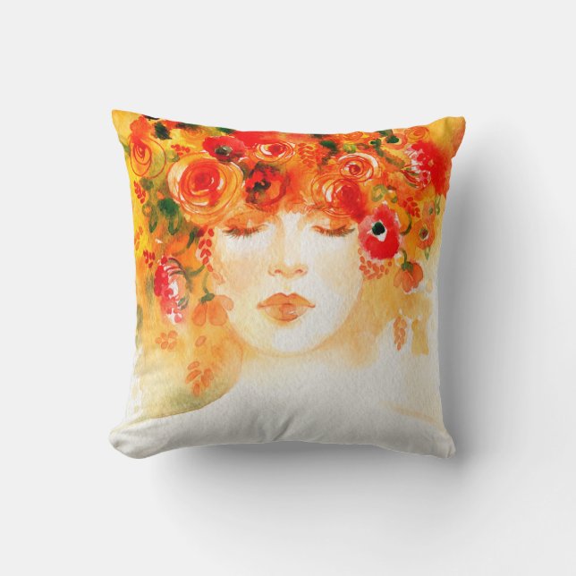 Almofada Mulher bonita de aquarela vestindo coroa (Frente)