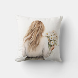 Almofada Mulher com Buquê de margarida