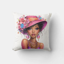 Almofada Mulher com Chapéu Floral Elegante Arte de Retrato