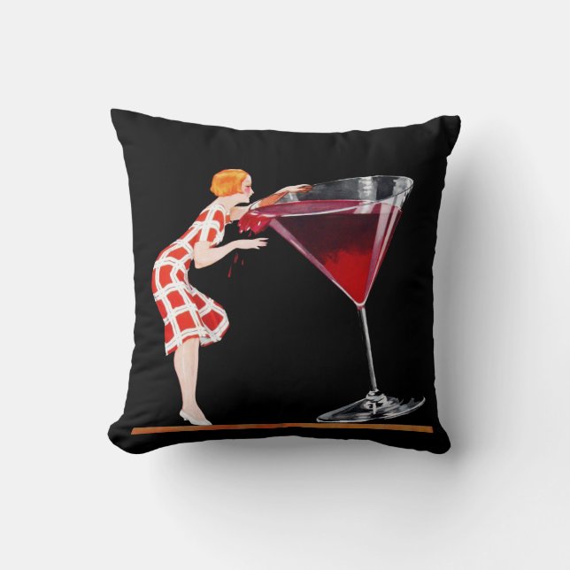 Almofada Mulher com Cocktail Vintage Art Red Black (Frente)
