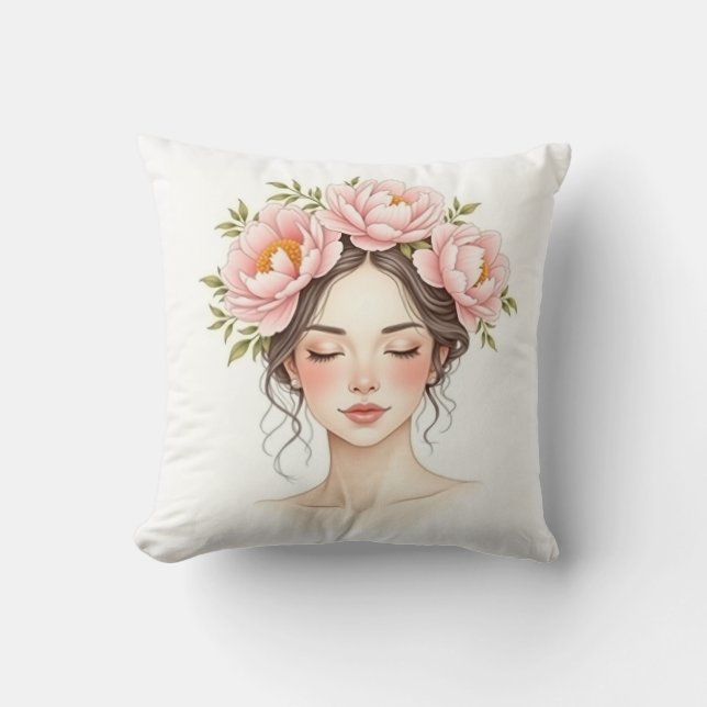 Almofada Mulher com Flor de Peônia (Frente)