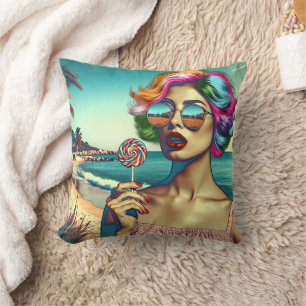 Almofada Mulher de Arte Pop Retro com Pirulito