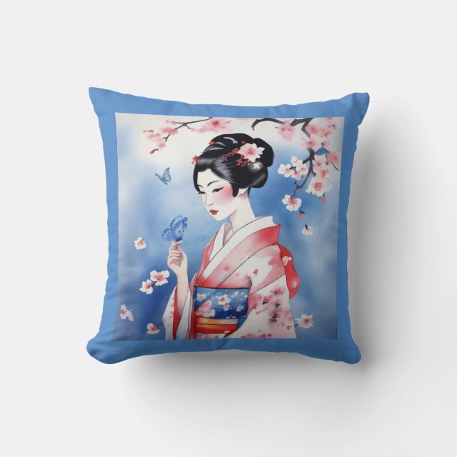Almofada Mulher japonesa com borboleta azul (Frente)